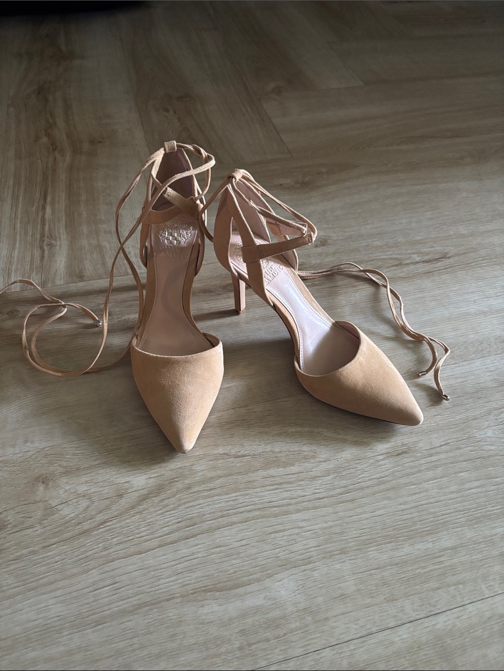 New without box! Vince Camuto Pointed Lace-Up Heels in Nude Tan